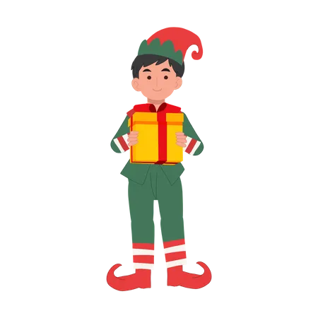 Lindo menino duende de natal com caixa de presente  Ilustração