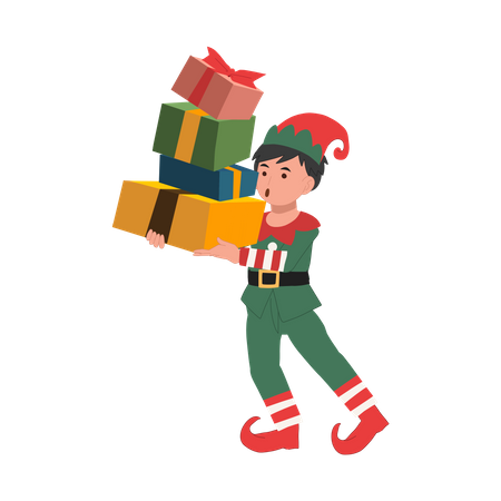 Lindo duende de natal com muitas caixas de presentes  Ilustração