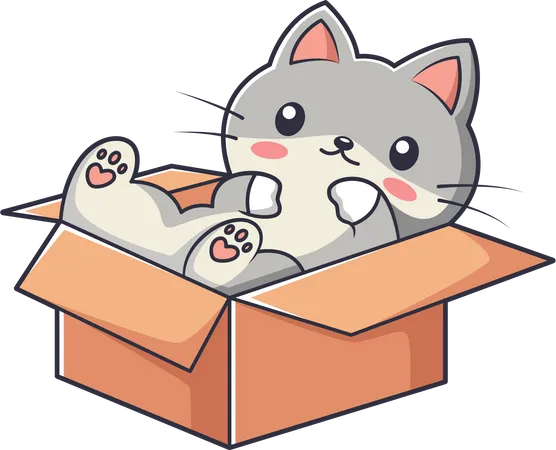 Lindo gatito en caja  Ilustración