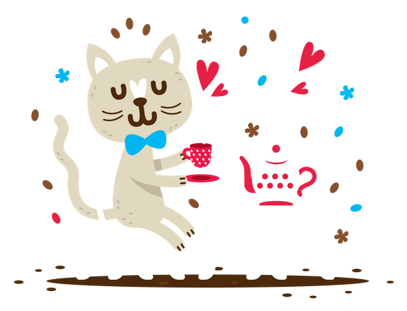 Lindo gato bebiendo un té  Ilustración