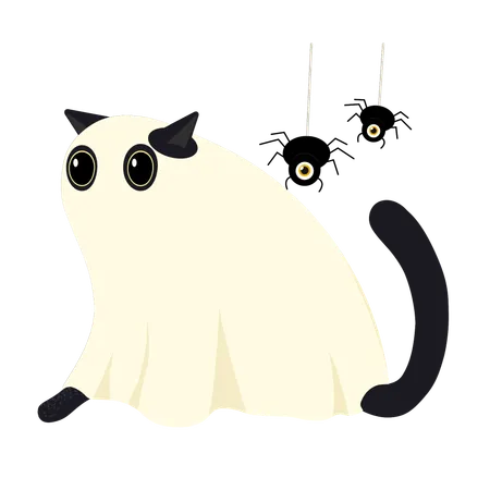 Lindo gato disfrazado de fantasma con arañas  Ilustración