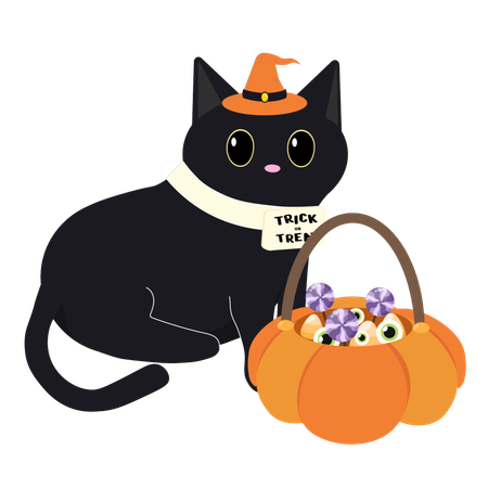 Lindo gato negro con sombrero de bruja y canasta de calabaza con dulces  Ilustración