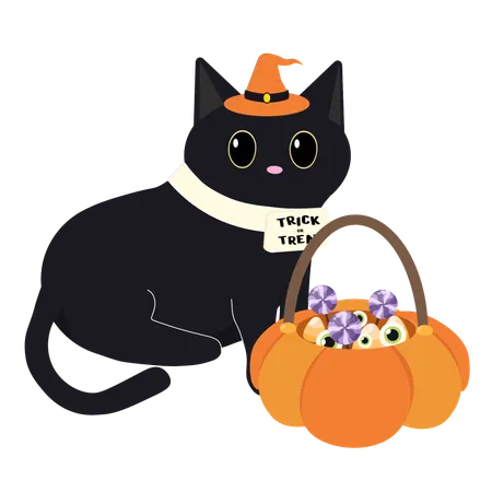 Lindo gato negro con sombrero de bruja y canasta de calabaza con dulces  Ilustración