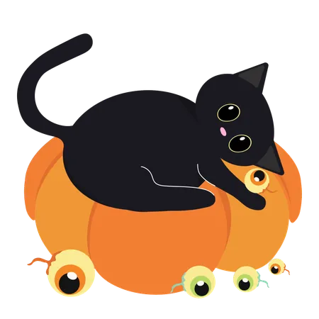 Lindo gato negro descansando sobre una calabaza con globos oculares  Ilustración