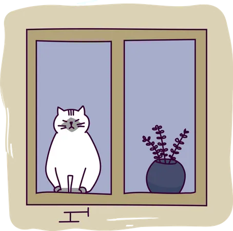 Lindo gato sentado en la ventana  Ilustración