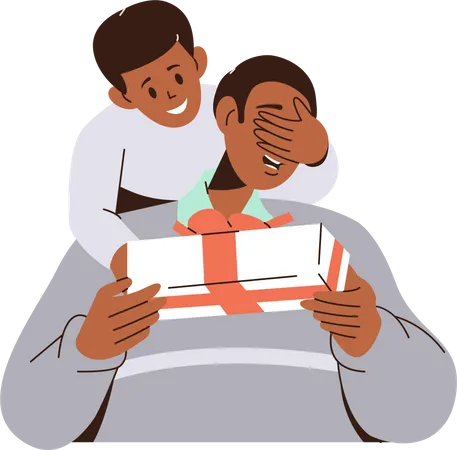 Lindo hijo dando una sorpresa a su amoroso padre dándole una caja de regalo envuelta festiva  Ilustración