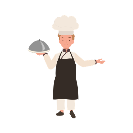 Lindo joven chef con uniforme de chef sirviendo una comida gourmet con cartel de bienvenida  Ilustración