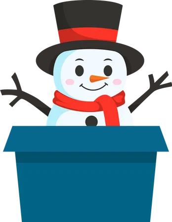 Lindo muñeco de nieve en caja de regalo  Ilustración