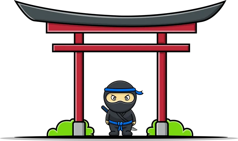 Lindo ninja con puerta torii japonesa  Ilustración