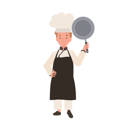 Un lindo niño chef con gorro y delantal de chef muestra una sartén  Ilustración