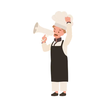 Lindo niño cocinero con uniforme de chef haciendo anuncios con megáfono  Ilustración