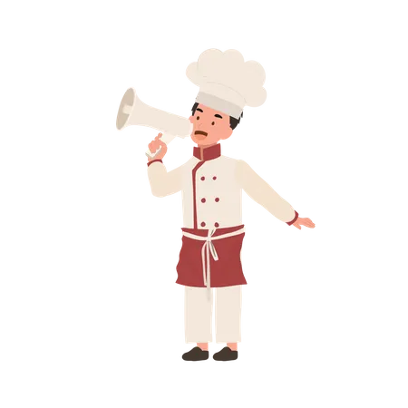 Lindo niño cocinero con uniforme de chef haciendo anuncios con megáfono  Ilustración