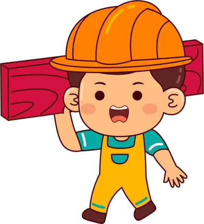 Lindo, constructor, niño, proceso de llevar, madera  Ilustración