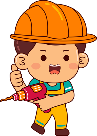 Lindo chico constructor sosteniendo la máquina perforadora  Ilustración