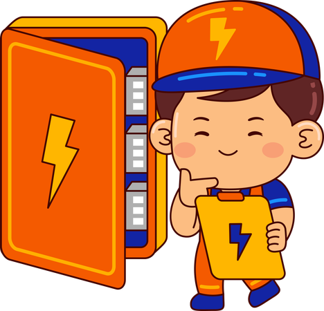 Lindo chico electricista revisando la caja de fusibles  Ilustración