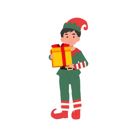 Lindo niño duende navideño con caja de regalo  Ilustración