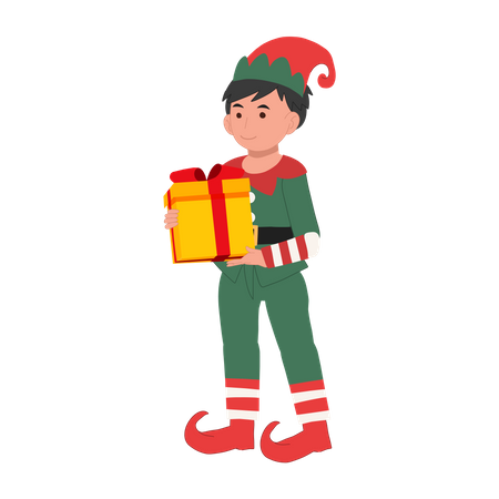 Lindo niño duende navideño con caja de regalo  Ilustración