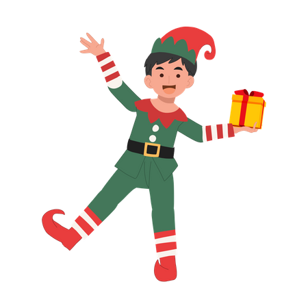 Lindo niño duende navideño con caja de regalo  Ilustración