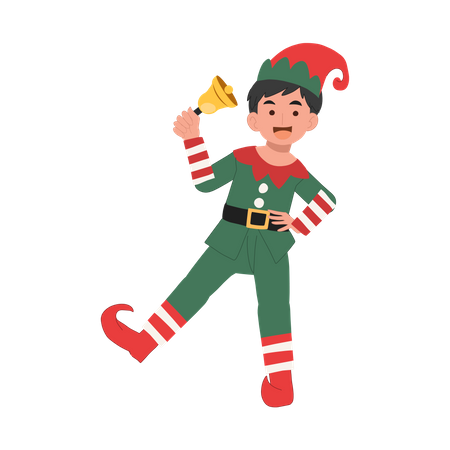 Lindo niño duende navideño está tocando la campana  Ilustración