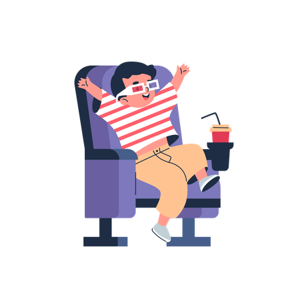 Lindo niño feliz viendo una película con gafas 3D  Ilustración