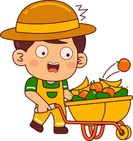 Lindo niño granjero con cubo de frutas  Ilustración