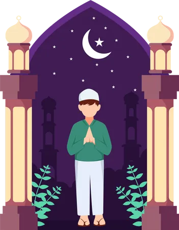 Lindo chico islámico haciendo oración islámica  Ilustración