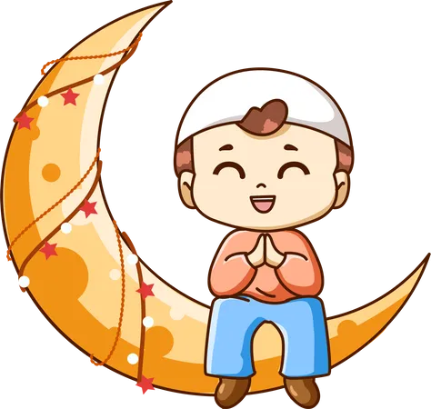 Lindo chico musulmán en la luna  Ilustración