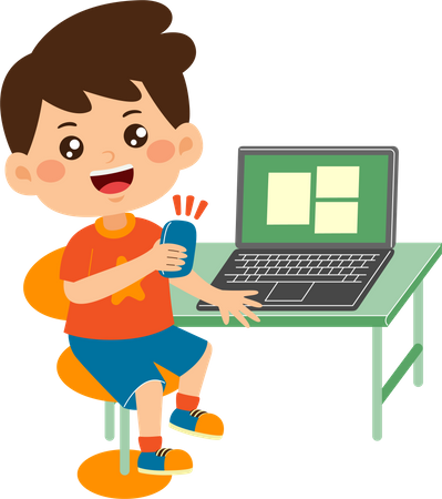 Un niño lindo usa una computadora portátil  Ilustración