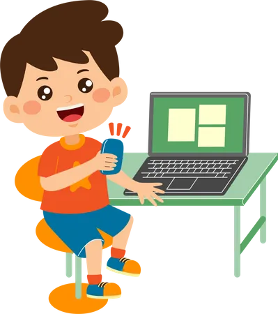 Un niño lindo usa una computadora portátil  Ilustración