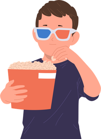 Lindo niño pequeño con gafas 3D comiendo palomitas de maíz mientras mira una película  Ilustración