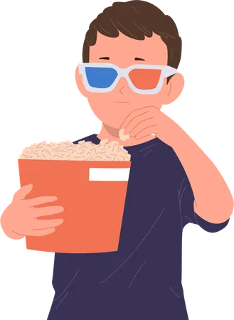 Lindo niño pequeño con gafas 3D comiendo palomitas de maíz mientras mira una película  Ilustración