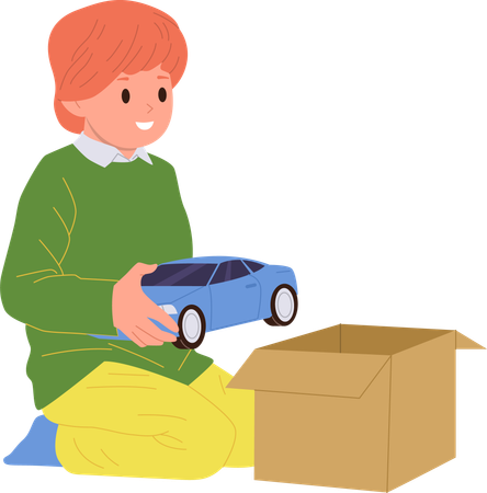 Lindo niño pequeño empacando un auto de juguete en una caja de cartón antes de mudarse  Ilustración