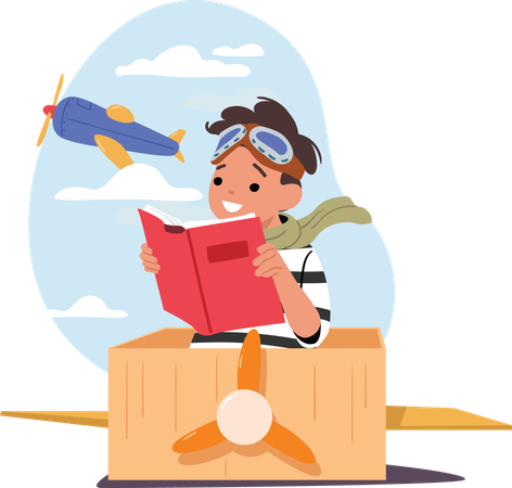 Lindo niño pequeño imaginándose a sí mismo como piloto leyendo un libro de papel sobre aviación  Ilustración