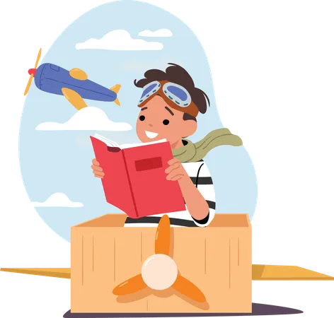 Lindo niño pequeño imaginándose a sí mismo como piloto leyendo un libro de papel sobre aviación  Ilustración