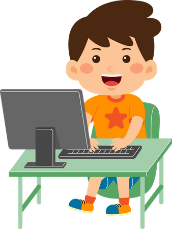 Un niño pequeño y lindo usa la computadora  Ilustración