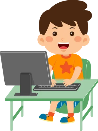 Un niño pequeño y lindo usa la computadora  Ilustración