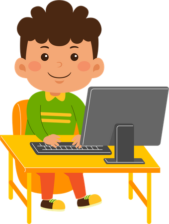 Un niño pequeño y lindo usa la computadora  Illustration