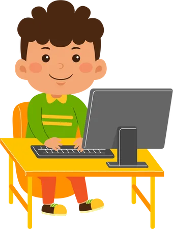 Un niño pequeño y lindo usa la computadora  Illustration