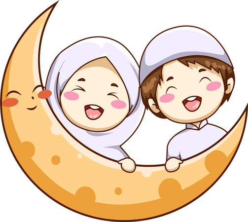 Lindo niño y niña musulmanes con luna  Ilustración