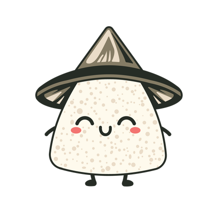 Lindo onigiri con sombrero cónico con expresión de sonrisa  Ilustración