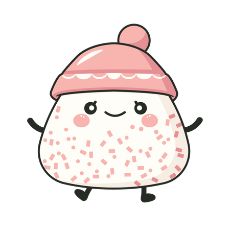 Lindo onigiri con sombrero rosa con expresión de sonrisa  Ilustración