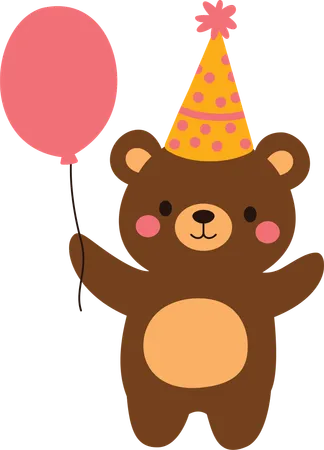 Lindo muñeco de oso de peluche que celebra un feliz cumpleaños con un globo  Ilustración