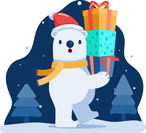 Lindo oso polar navideño con caja de regalos  Ilustración