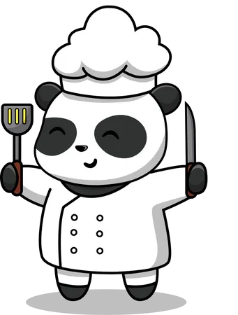 Lindo Panda Chef Sosteniendo Espátula Y Cuchillo  Ilustración