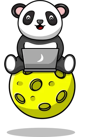 Lindo panda sentado en la luna y usando una computadora portátil  Ilustración