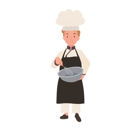 Lindo pequeño chef con delantal y tazón  Ilustración