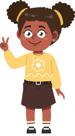 Lindo personaje de dibujos animados de niña africana con signo de la paz  Ilustración