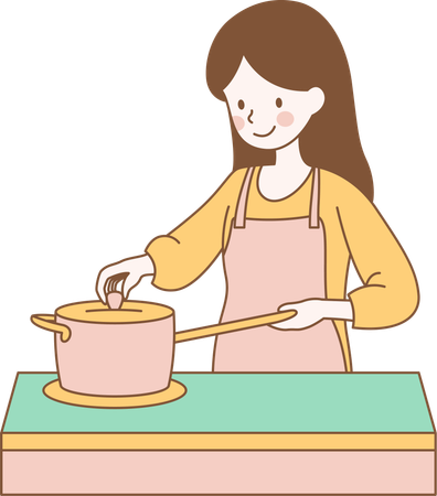 Lindo personaje de niña cocinando con una sartén en la cocina  Ilustración