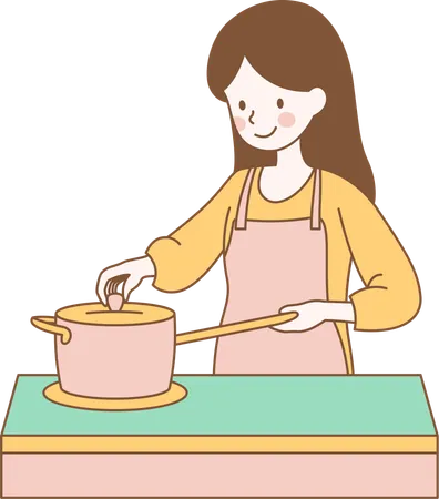 Lindo personaje de niña cocinando con una sartén en la cocina  Ilustración