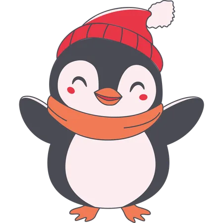 Lindo personaje de pingüino con sombrero chal en temporada de invierno  Ilustración